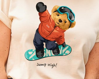 Jump High Teddy Bear Shirt, Bear Pocket TShirt, Skater Funny Bear Tee, Cute Bear , Little Bear Shirt, Animal Pocket Shirt, Bear Graphic Tee