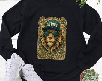 Detroit Football Art Nouveau Style Lion with Hat Sweatshirt, Stylish and Cozy Unisex Pullover, Unique Detroit Fan Apparel