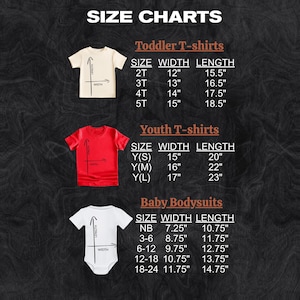 size charts for toddler T-shirts, youth T-shirts, and baby bodysuits, providing measurements for different age groups.