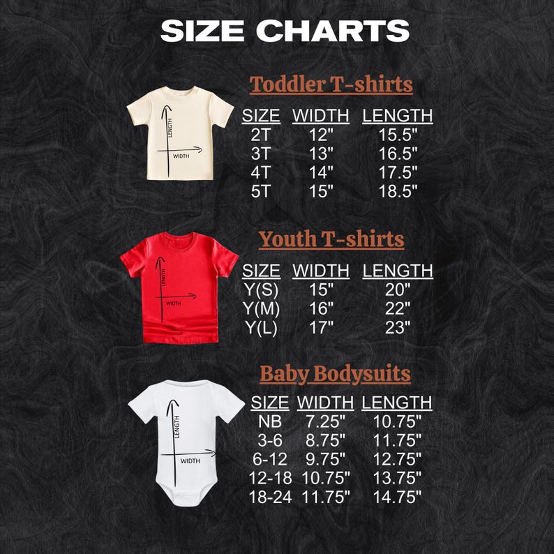 size charts for toddler T-shirts, youth T-shirts, and baby bodysuits, providing measurements for different age groups.