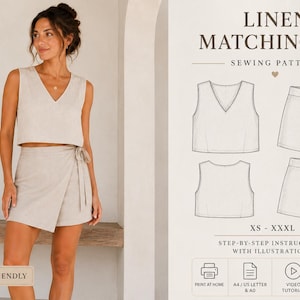 May include: A woman wearing a beige linen matching set, consisting of a V-neck crop top and wrap shorts. The image also shows a sewing pattern with illustrations of the outfit, labeled "Linen Matching Set". The pattern is beginner-friendly.