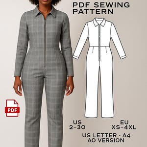 Può includere: Un cartamodello PDF per una tuta. Il cartamodello è disponibile nelle taglie US 2-30 e EU XS-4XL. Il cartamodello è stampato su carta formato US Letter ed è in versione A0.