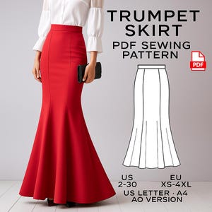 Puede incluir: Se muestra una falda trompeta roja. La falda tiene una cintura ajustada y se ensancha desde las rodillas. La imagen también incluye un dibujo lineal de la falda y el texto "TRUMPET SKIRT PDF SEWING PATTERN".