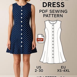 Wzór do szycia sukienki Trumpet Vintage | Pobieranie cyfrowe w formacie PDF | Sukienka rozkloszowana z przodu na guziki | Rozmiary US 2–30 / EU xs–4XL | Natychmiastowe pobranie