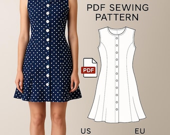 Vintage Button Front Dress Sewing Pattern: Flared Skirt (PDF Digital Download)