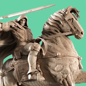 May include: A detailed sculpture of a figure in armor riding a horse, holding a sword aloft. The sculpture is a monochromatic beige color, with intricate details on the armor, horse, and rider's face. The background is a solid teal color.