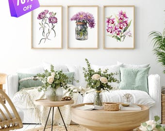Impressões florais vintage, arte botânica minimalista para impressão, conjunto de 3 impressões botânicas, impressão de galeria botânica, arte de parede floral para impressão, flores