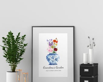 Buquê de flores de nascimento personalizado, presente personalizado para mãe e avó, flores de nascimento para a família, jardim personalizado para avós, mês de nascimento