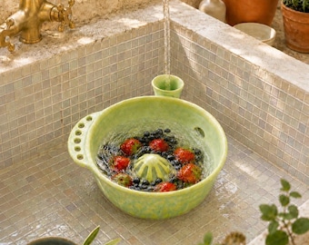 Handmade Berry Washing Bowl, Ceramic Fruit Rinser with Vortex Flow, Strawberry Blueberry Colander for Kitchen Prep