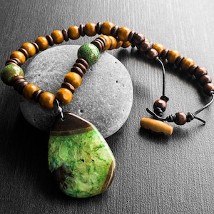 Agate Stone Pendant Necklace, Tribal Necklace, Tribal Jewelry, Beaded Necklace, Men&#39;s Necklace, Men&#39;s Jewelry, Men&#39;s Gift, Unisex, 20&quot;