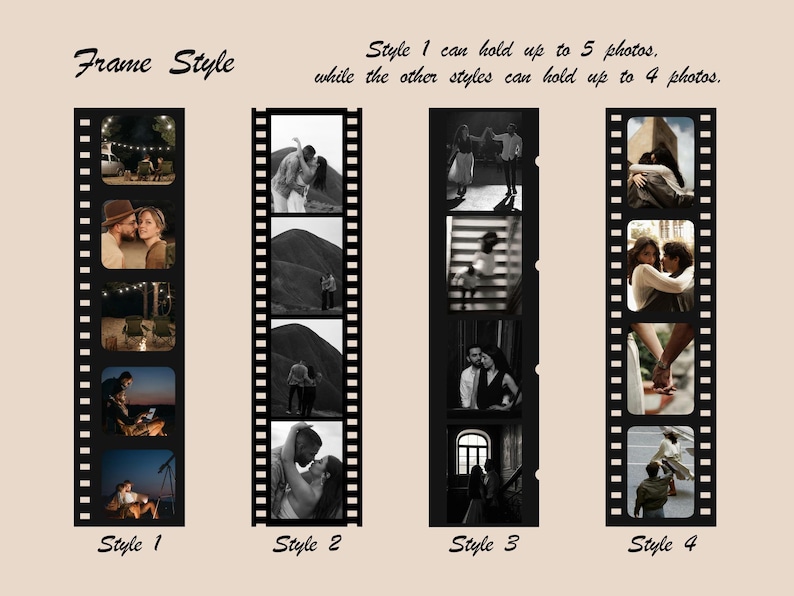 May include: Four film strip photo frames with different styles. Style 1 holds up to 5 photos, while the others hold up to 4. Each frame displays romantic photos in black and white and color. Text reads "Frame Style" and "Style 1 can hold up to 5 photos, while the other styles can hold up to 4 photos."