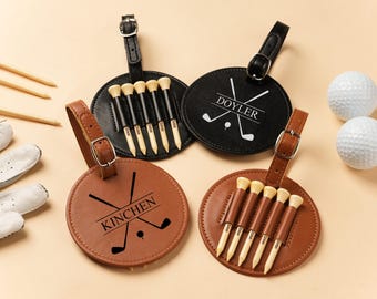 Engraved Leather Golf Bag Tag with Tees, Personalized Golf Gift