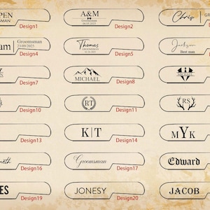 May include: A collection of personalized groomsmen gifts, each with a unique design. The gifts feature names, initials, and dates, with various fonts and styles. The designs include names like William, Thomas, and James.