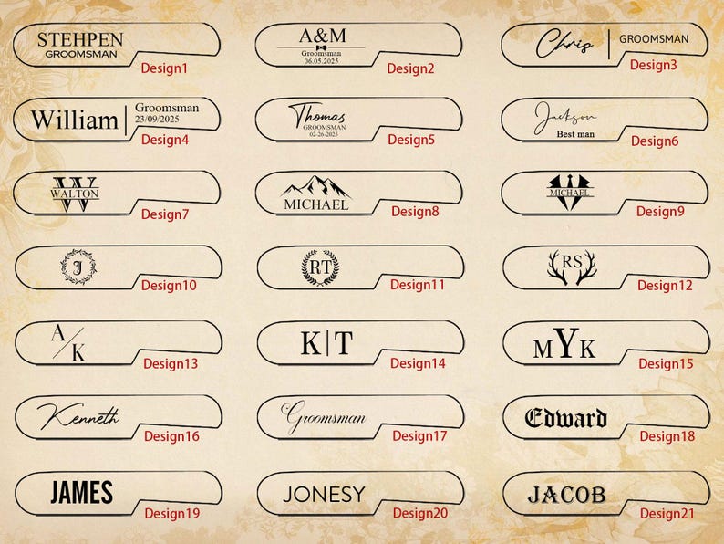 May include: A collection of personalized groomsmen gifts, each with a unique design. The gifts feature names, initials, and dates, with various fonts and styles. The designs include names like William, Thomas, and James.