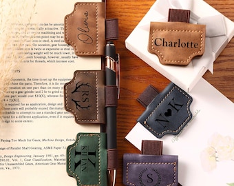 Personalized Leather Magnetic Bookmark with Pen Clip:Handmade Reader Gift,Engraved Bookmark,Initials Leather Bookmark,Christmas Gift For Men