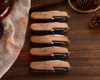 Couteau multi-outils en bois personnalisé : cadeau de garçon d'honneur gravé, couteaux de poche personnalisés avec nom, indispensables pour la maison