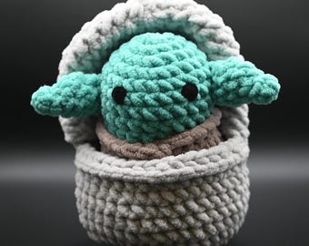 Handmade Grogu Crochet Plush with Pram: Soft Baby Alien Toy