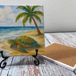 Sea Turtle Ceramic Coaster Beach House Decor Coastal Art Tile, Ocean Animal Gift Turtle Lover Coaster Nautical Home Accent Support Veterans