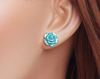 Small flower stud earrings. Iridescent turquoise blue or black rose stud earrings 925 sterling silver, nickel-free titanium, dainty post