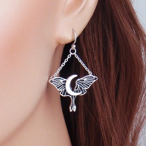 Luna moth earrings. 925 sterling silver, titanium or stainless steel. Antiqued silver celestial crescent drop dangle earrings. crescent moon