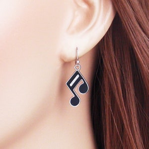 Small, dainty black music note earrings. 925 sterling silver, nickel free titanium, stainless steel hypoallergenic earrings, musiclover gift image 1