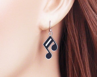 Small, dainty black music note earrings. 925 sterling silver, nickel free titanium, stainless steel hypoallergenic earrings, musiclover gift