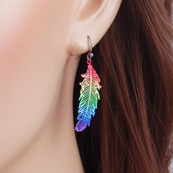 Dainty rainbow feather filigree earrings. Your choice of 925 sterling silver, nickel free titanium or stainless steel little, hypoallergenic