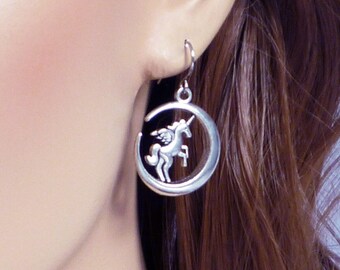 Silver unicorn crescent moon earrings - choose 925 sterling silver, nickel free titanium or stainless steel, disc earrings, unicorn jewelry