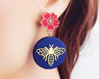 Red, navy blue, mustard, gold bee, daisy, flower earrings. 925 sterling silver, nickel free titanium or stainless steel posts.