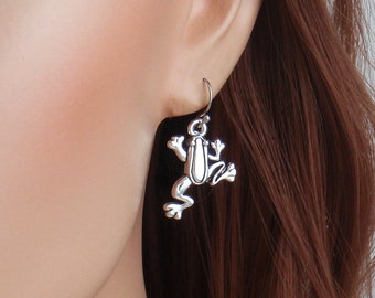 Dainty silver frog earrings - choose earwires - 925 sterling silver, nickel free titanium or hypoallergenic stainless steel.