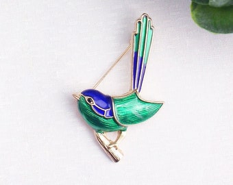 Blue wren bird brooch. Fairy wren, Australian bird brooch. Navy blue, royal blue, green, brooch. Bird pin, broach, hat coat lapel pin.