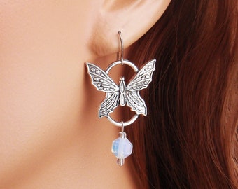 Boucles d'oreilles papillon et opalite pierre de lune. Argent sterling 925, titane ou acier inoxydable, opale, pendentif goutte papillon en argent vieilli