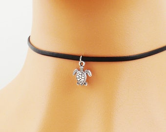 Silver turtle choker necklace. Dainty turtle choker necklace. Thin black choker.