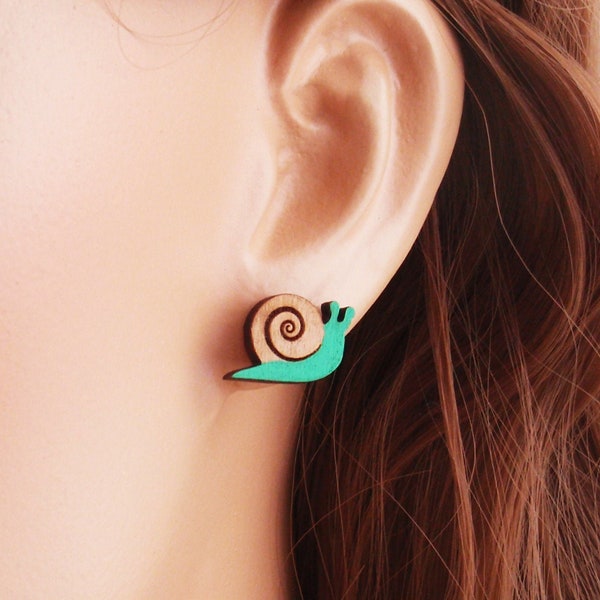 Dainty snail stud earrings - 925 sterling silver, nickel free titanium, stainless steel, Dainty wood green snail stud earrings
