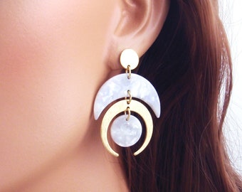 Gold crescent moon and gold earrings. Stainless steel earwires, hypoallergenic. White pearl moon, star sun, clip on available