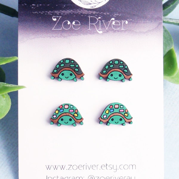 Turtle stud earrings - 925 sterling silver, stainless steel, or nickel free titanium. Green, rainbow, Tiny dainty small turtle post earrings