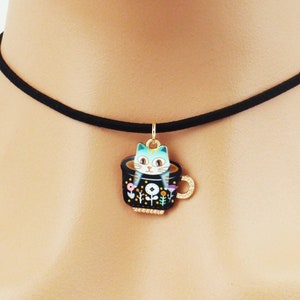 Cat in a teacup choker necklace. Dainty black choker necklace. Thin black choker. Turquoise white cat tea cup jewelry,