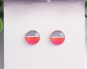 Dainty orange, pink, black, white stripe stud earrings - 925 sterling silver, stainless steel or nickel free titanium. Small geometric studs