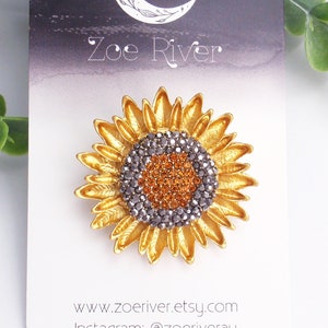 Sunflower brooch, bright yellow flower petals with antiqued copper centre. Enamel brooch, pin, broach, hat, lapel coat pin. Sun flower