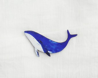 Blue whale brooch. Blue and white wooden whale brooch. Whale pin, brooch, badge, broach. Ocean lover, whale watching, scuba diving, swimmer