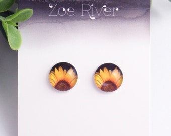 Sunflower stud earrings with your choice - 925 sterling silver, stainless steel, nickel free titanium. Yellow, orange, brown daisy flower