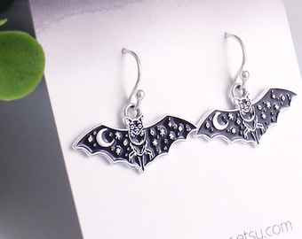 Dainty bat earrings. 925 sterling silver, nickel free titanium or stainless steel. hypoallergenic earrings. Black bat moon, celestial