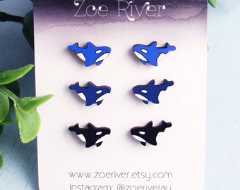 Orca killer whale stud earrings - 925 sterling silver, stainless steel, or nickel free titanium. Tiny small blue, navy, turquoise post studs