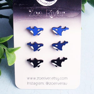 Orca killer whale stud earrings 925 sterling silver, stainless steel, or nickel free titanium. Tiny small blue, navy, turquoise post studs image 1