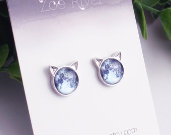 Cat stud earrings with your choice of 925 sterling silver, stainless steel or nickel free titanium. Dainty full moon cat post earrings