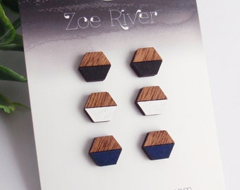 Wood studs. Dainty small hexagon earrings 925 sterling silver stainless steel nickel-free titanium. Navy blue, black or white