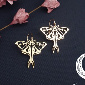 Gold luna moth earrings. Lightweight filigree moon butterfly drop earrings. 14k gold filled, or stainless steel. Lunar, celestial, image 2