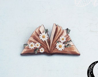 Vintage style book and daisy brooch. White daisy, flower, wreath, old fashioned tea stained antique book laser cut wooden brooch, coat pin