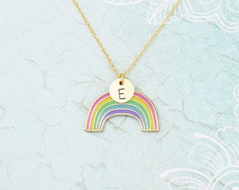 Personalized initial and rainbow necklace. Rainbow necklace. Monogram initial necklace. Gold initial charm pendant