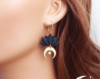 Lightweight lotus earrings, your choice of black, navy blue, white or ocean sunset, with stainless steel gold hoops